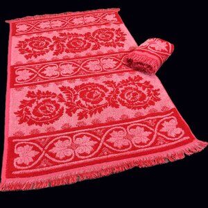 Vintage 70s CALDWELL Canada Red Roses Pink Hearts Cotton Bath Hand Towel Set #2